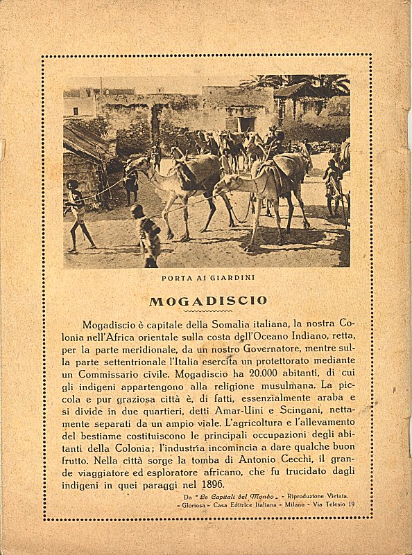 Camel caravan at a Mogadishu city gate, 1931